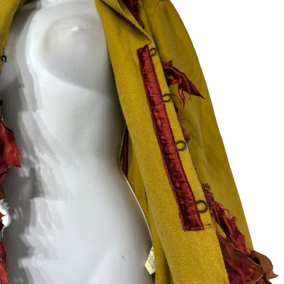 Cat Ballou Mustard Wool Fringe Jacket M Boho Leaf Trim Fall Statement Coat - Picture 2 of 15